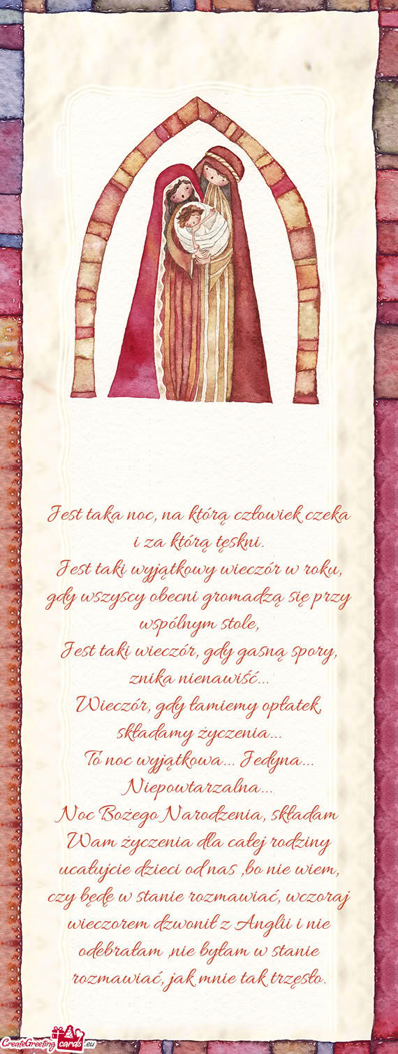Noc Bożego Narodzenia, składam Wam życzenia dla całej rodziny ucałujcie dzieci od nas ,bo nie w