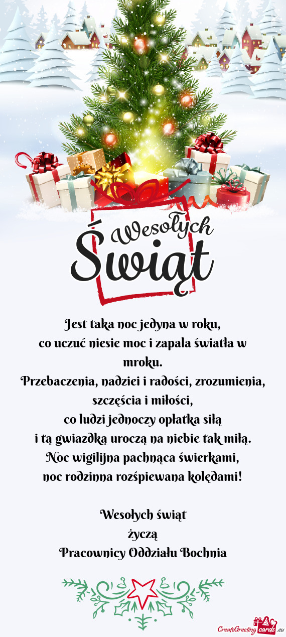 Noc rodzinna rozśpiewana kolędami! Wesołych świąt życzą Pracownicy Oddziału Bochnia