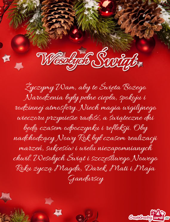 Nych chwil. Wesołych Świąt i szczęśliwego Nowego Roku życzą Magda, Darek, Mati i Maja Gandurs