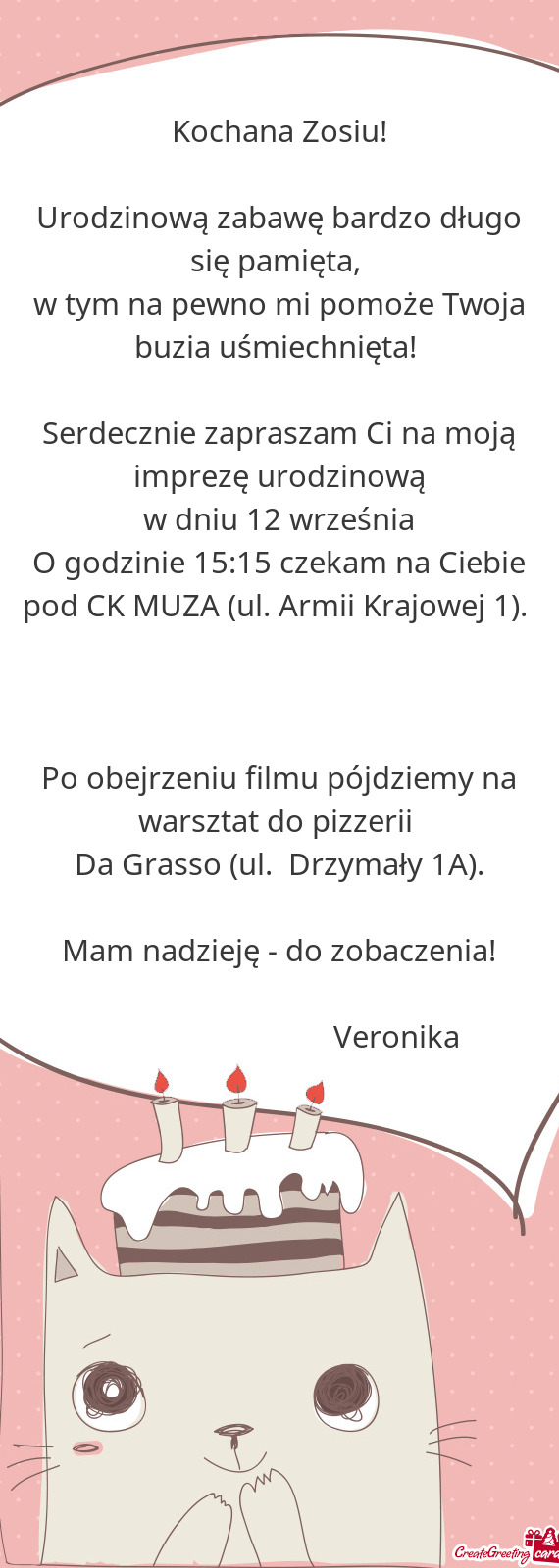 O godzinie 15:15 czekam na Ciebie pod CK MUZA (ul. Armii Krajowej 1)