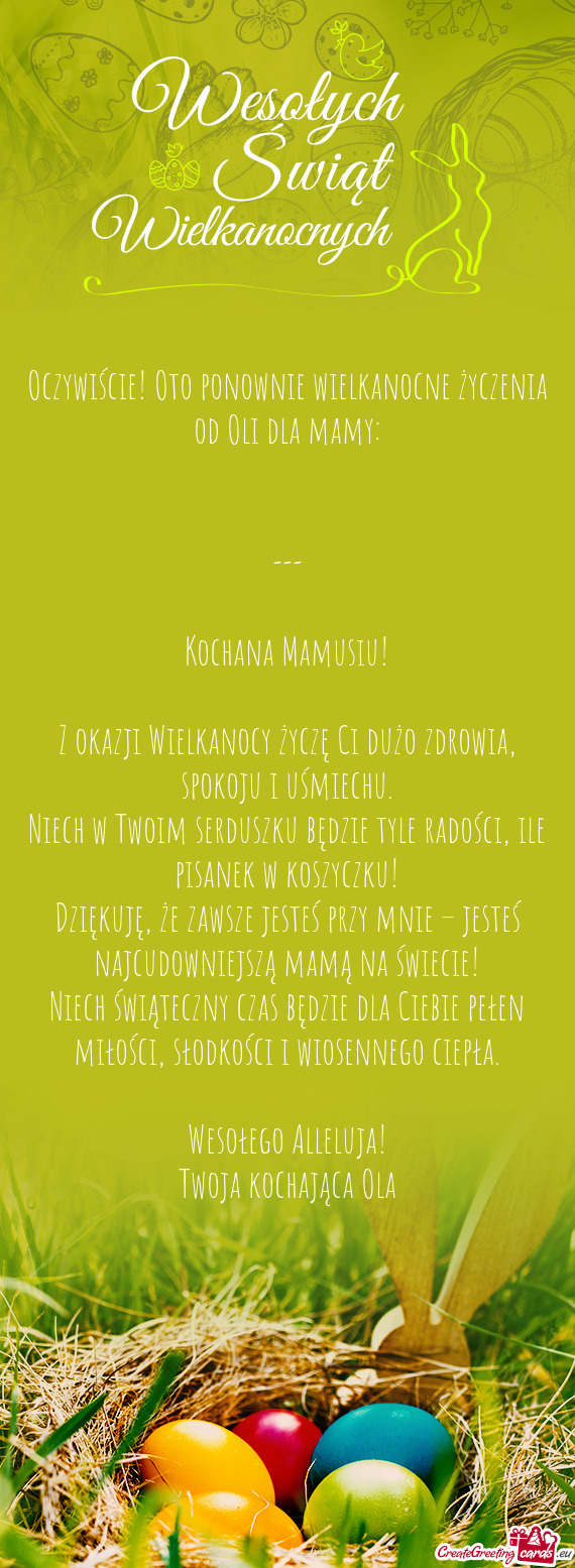 Oczywiście! Oto ponownie wielkanocne życzenia od Oli dla mamy