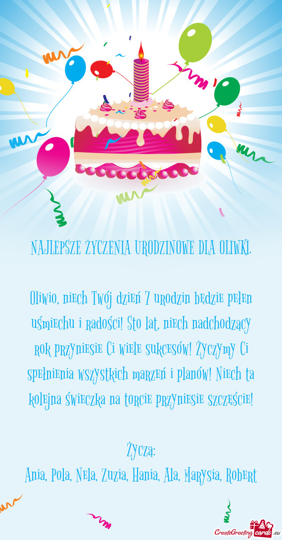 Oliwio, niech Twój dzień 7 urodzin będzie pełen uśmiechu i radości! Sto lat, niech nadchodząc