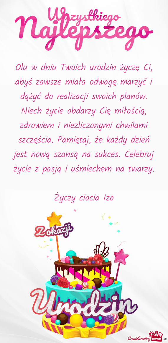 Olu w dniu Twoich urodzin życzę Ci, abyś zawsze miała odwagę marzyć i dążyć do realizacji s