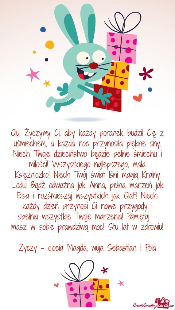 Olu! Życzymy Ci, aby każdy poranek budził Cię z uśmiechem, a każda noc przynosiła piękne sny