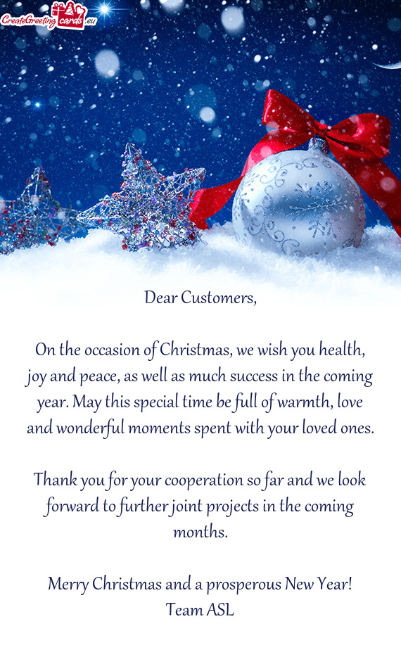 On the occasion of Christmas, we wish you health, joy and peace, as well as much success in the comi