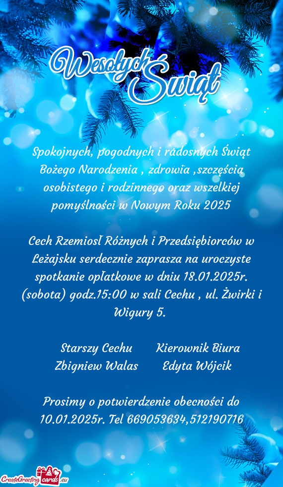 Opłatkowe w dniu 18.01.2025r. (sobota) godz.15:00 w sali Cechu , ul. Żwirki i Wigury 5