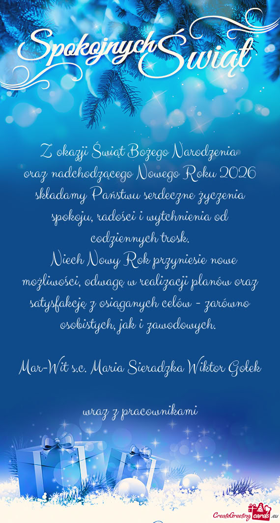 Oraz nadchodzącego Nowego Roku 2026 składamy Państwu serdeczne życzenia spokoju, radości i wytc