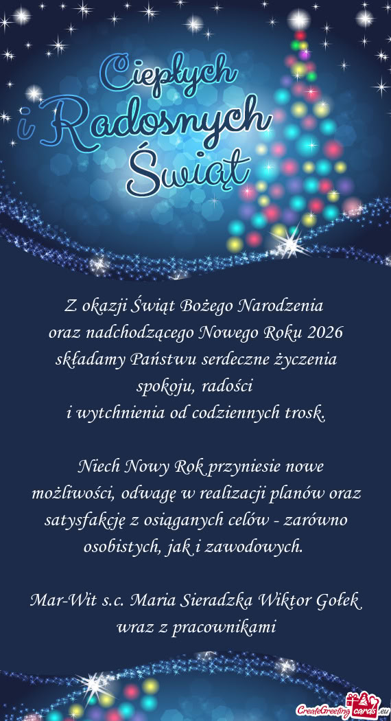 Oraz nadchodzącego Nowego Roku 2026 składamy Państwu serdeczne życzenia spokoju, radości