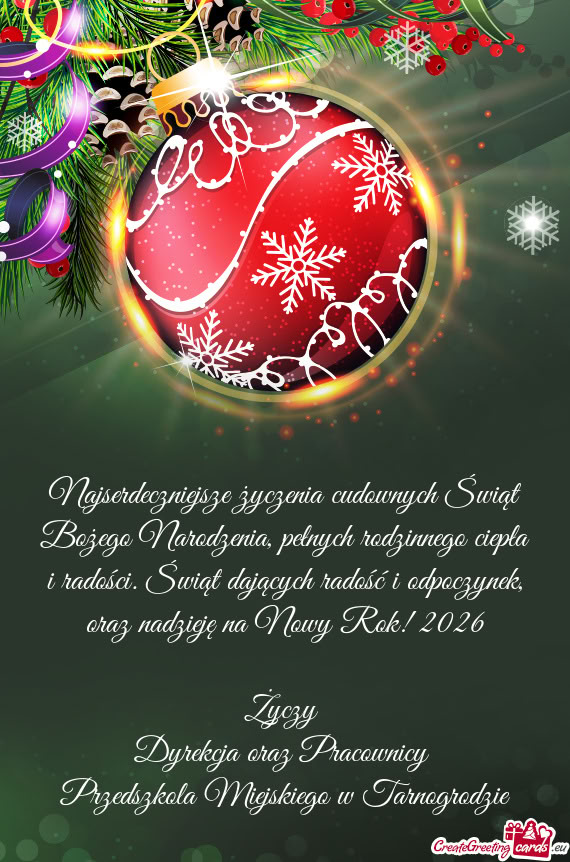 Oraz nadzieję na Nowy Rok! 2026  Dyrekcja oraz Pracownicy Przedszkola Miejskiego w Ta