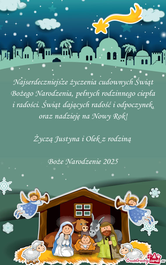 Oraz nadzieję na Nowy Rok! Życzą Justyna i Olek z rodziną  Boże Narodzenie 2025