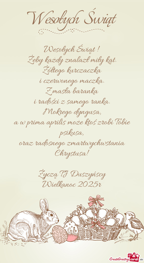 Oraz radosnego zmartwychwstania Chrystusa! Życzą TJ Duszyńscy Wielkanoc 2025r