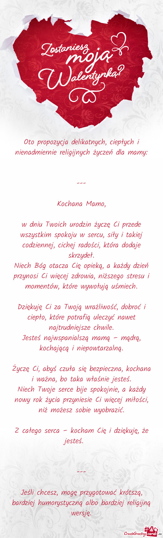 Oto propozycja delikatnych, ciepłych i nienadmiernie religijnych życzeń dla mamy
