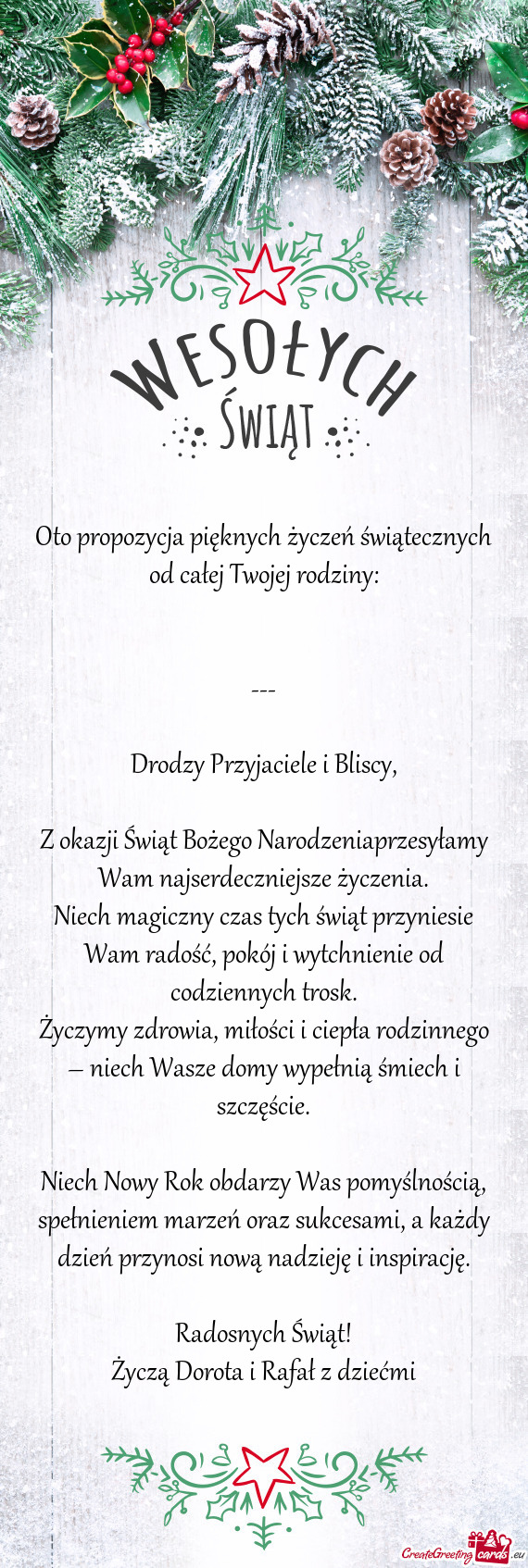 Oto propozycja pięknych życzeń świątecznych od całej Twojej rodziny