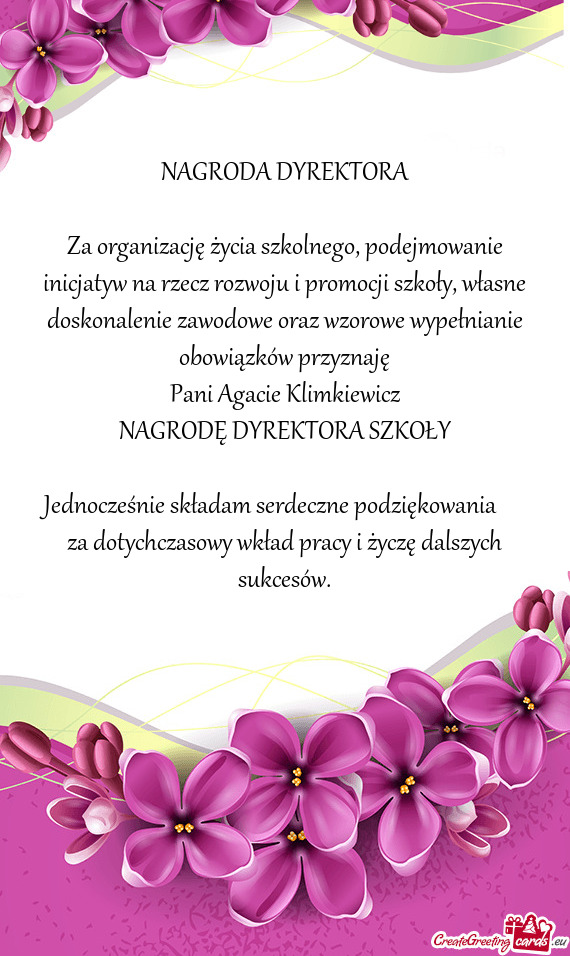 Pani Agacie Klimkiewicz