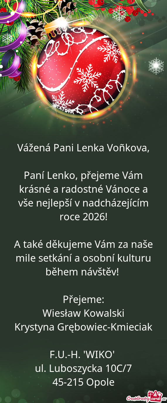 Paní Lenko, přejeme Vám krásné a radostné Vánoce a vše nejlepší v nadcházejícím roce 20