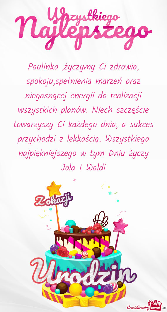 Paulinko ,życzymy Ci zdrowia, spokoju,spełnienia marzeń oraz niegasnącej energii do realizacji w