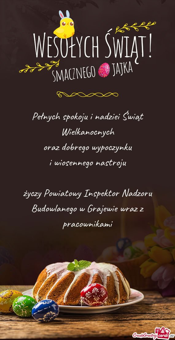 Pełnych spokoju i nadziei Świąt Wielkanocnych  oraz dobrego wypoczynku  i