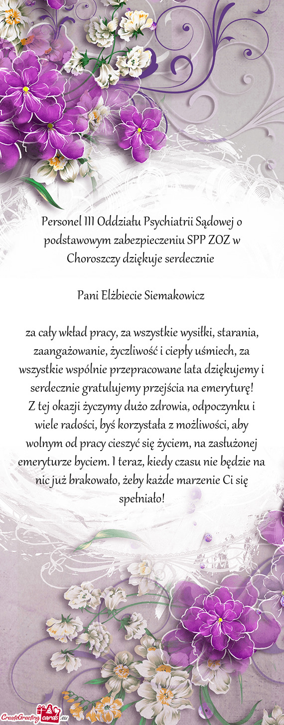 Personel III Oddziału Psychiatrii Sądowej o podstawowym zabezpieczeniu SPP ZOZ w Choroszczy dzięk