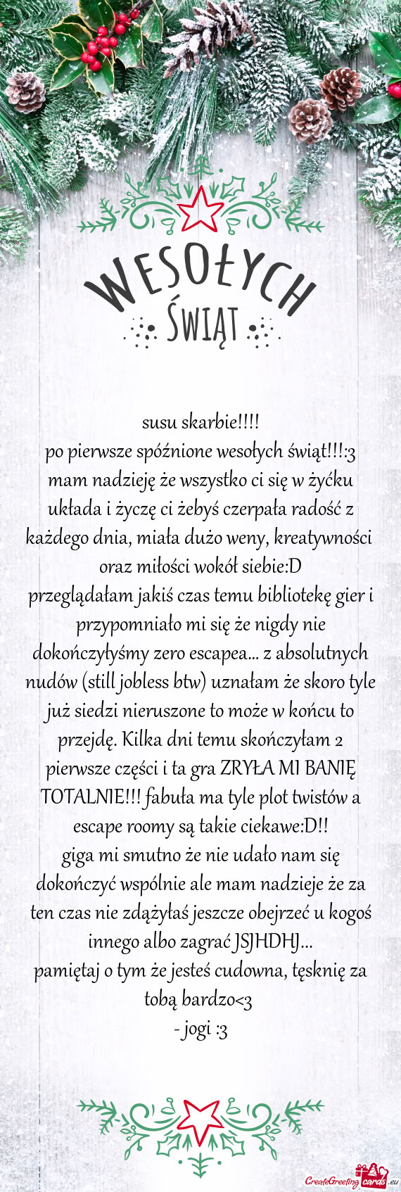Po pierwsze spóźnione wesołych świąt!!!:3 mam nadzieję że wszystko ci się w żyćku układa