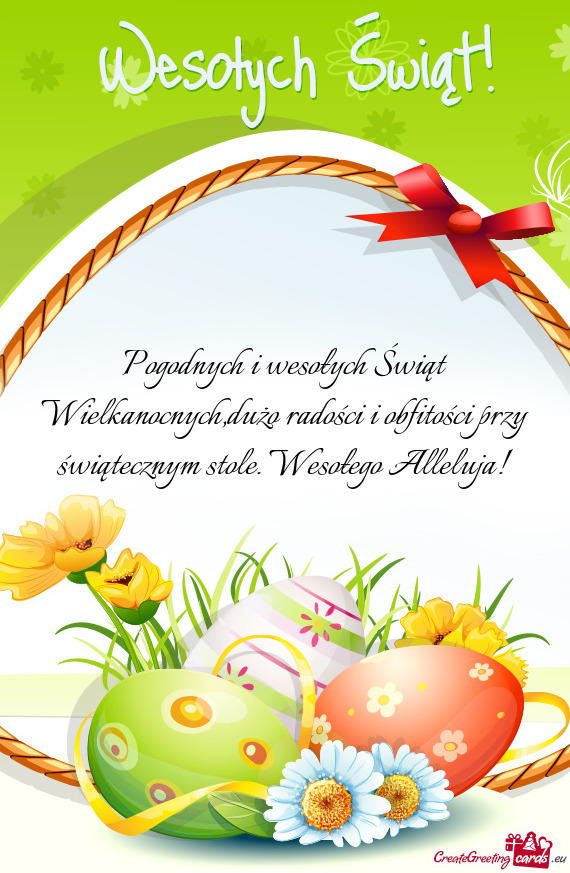 Pogodnych i wesołych Świąt Wielkanocnych,dużo radości i obfitości przy świątecznym stole. We