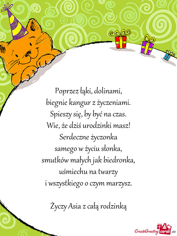 Poprzez łąki, dolinami,  biegnie kangur z życzeniami.  Spieszy się, by