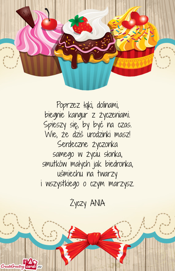 Poprzez łąki, dolinami,  biegnie kangur z życzeniami.  Spieszy się, by