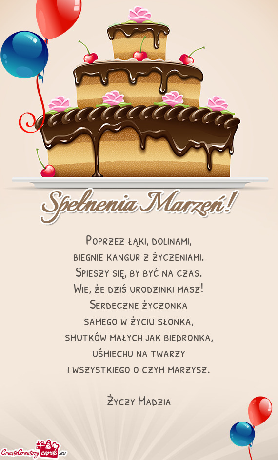 Poprzez łąki, dolinami,  biegnie kangur z życzeniami.  Spieszy się, by