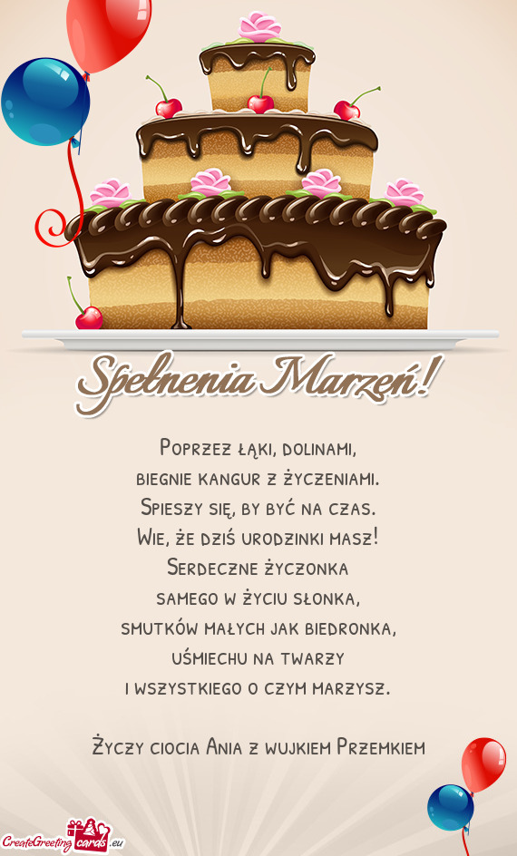 Poprzez łąki, dolinami,  biegnie kangur z życzeniami.  Spieszy się, by