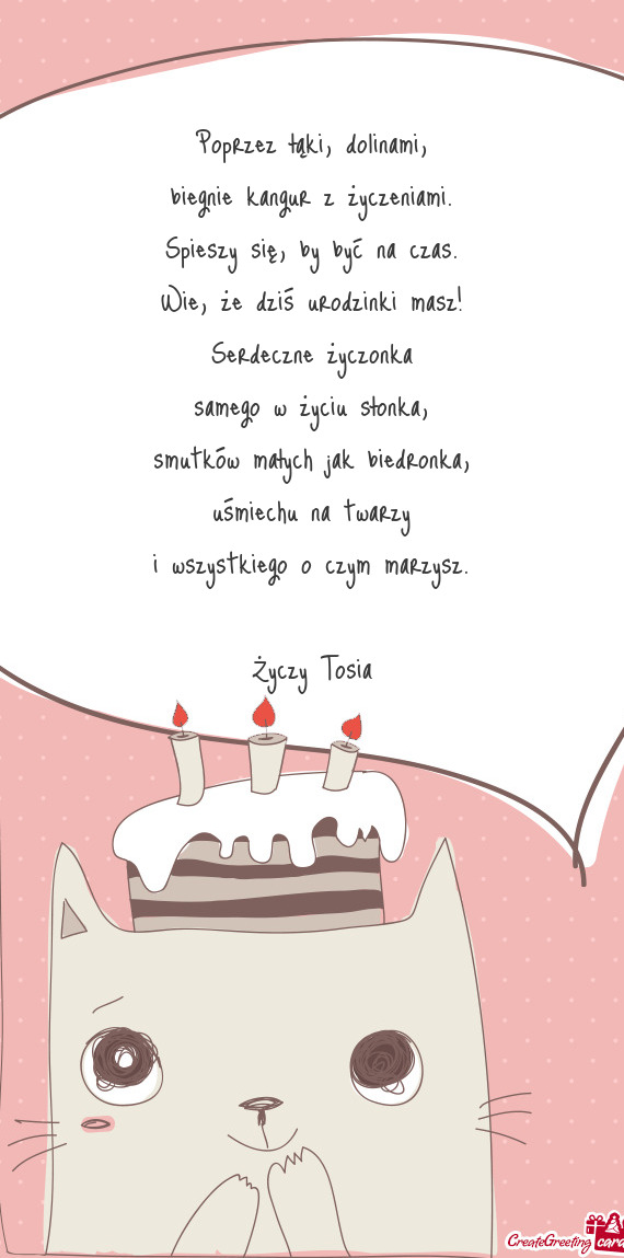 Poprzez łąki, dolinami,  biegnie kangur z życzeniami.  Spieszy się, by