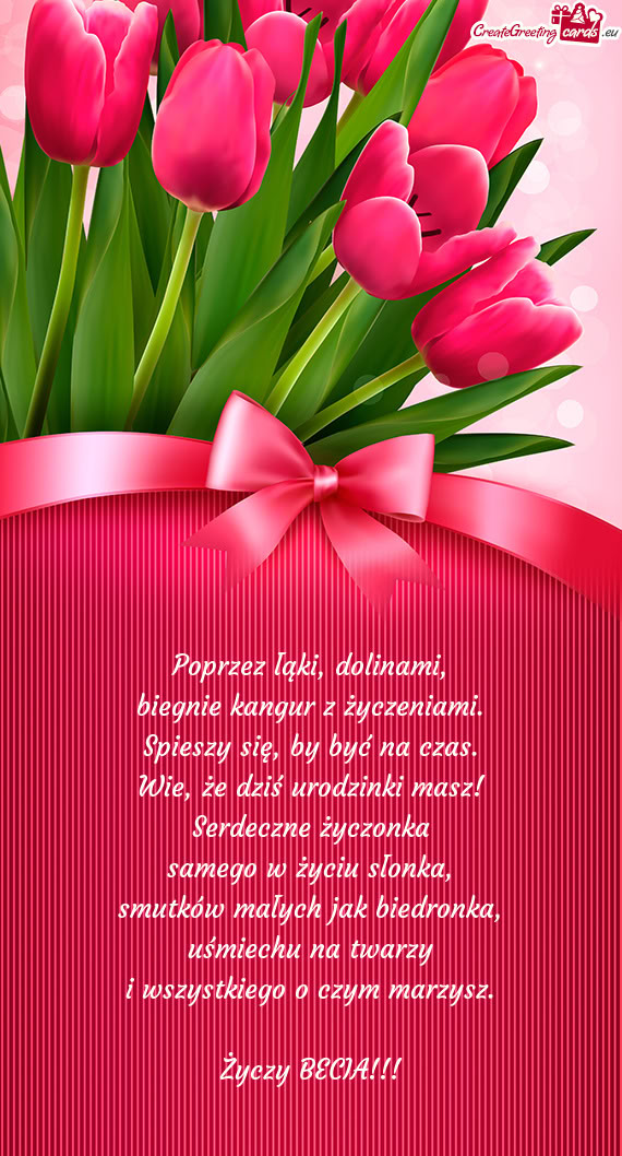 Poprzez łąki, dolinami,  biegnie kangur z życzeniami.  Spieszy się, by