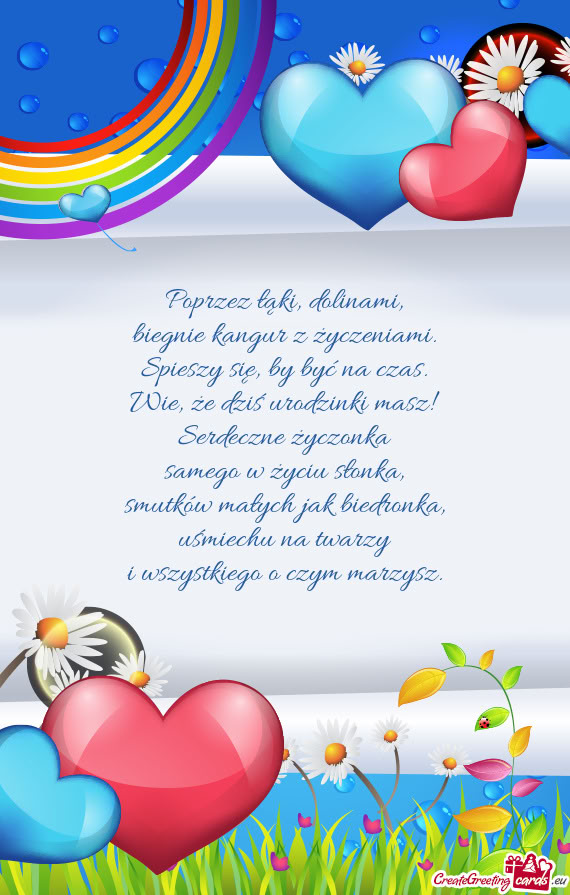 Poprzez łąki, dolinami,  biegnie kangur z życzeniami.  Spieszy się, by