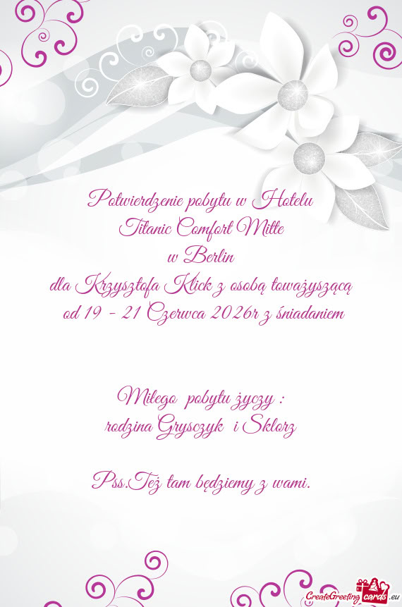 Potwierdzenie pobytu w Hotelu