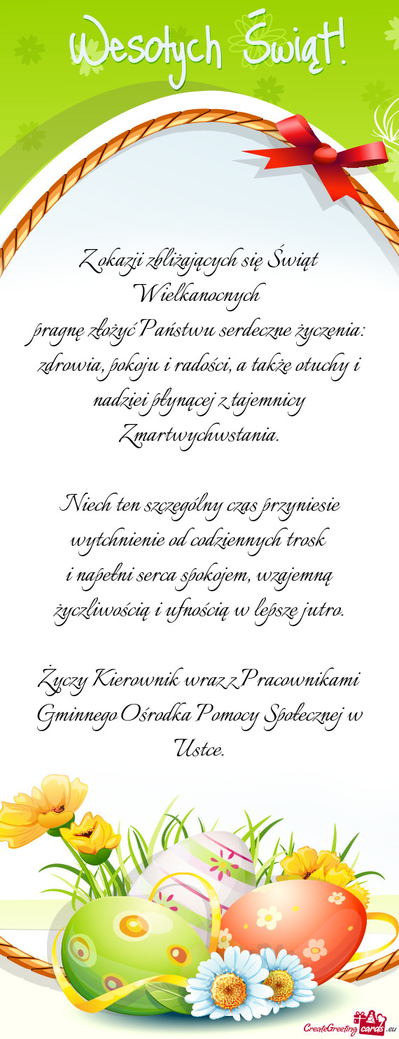 Pragnę złożyć Państwu serdeczne życzenia: zdrowia, pokoju i radości, a także otuchy i nadzie