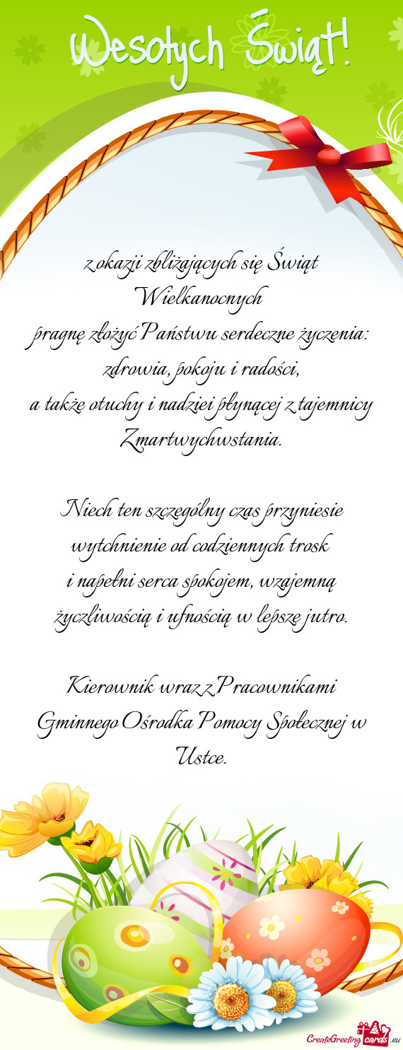 Pragnę złożyć Państwu serdeczne życzenia: zdrowia, pokoju i radości