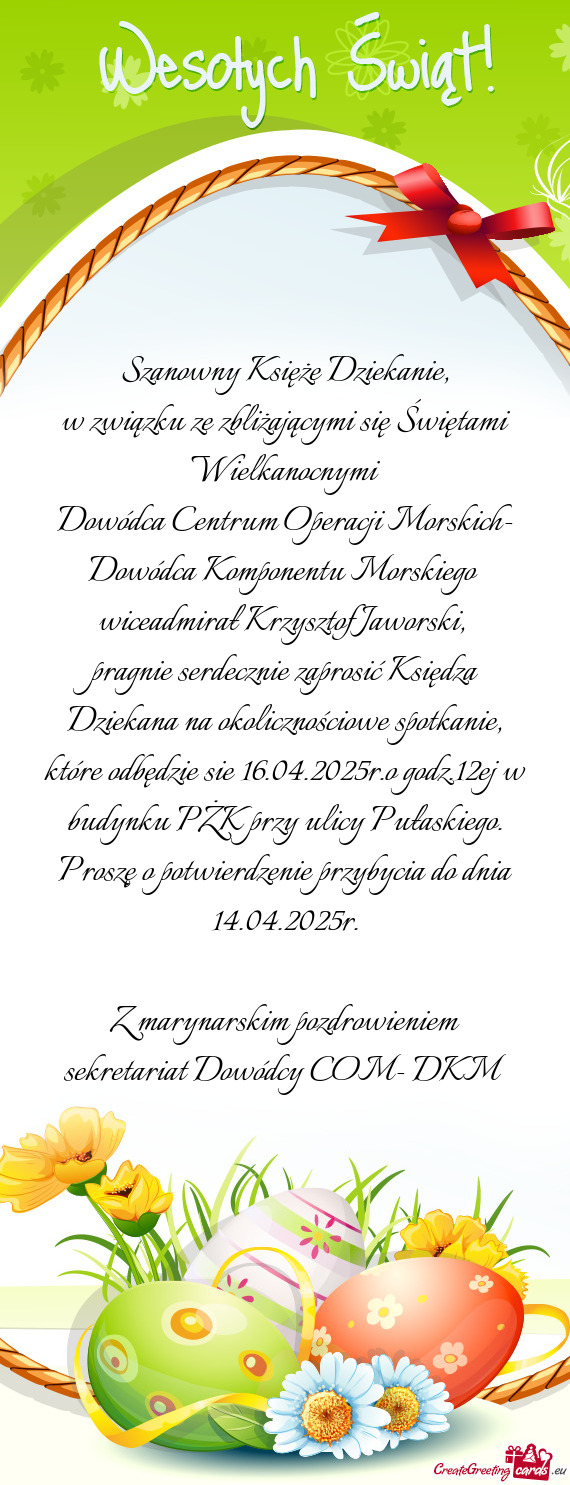 Pragnie serdecznie zaprosić Księdza Dziekana na okolicznościowe spotkanie, które odbędzie sie 1