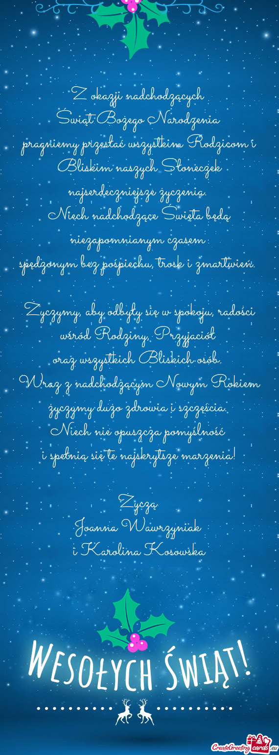 Pragniemy przesłać wszystkim Rodzicom i Bliskim naszych Słoneczek najserdeczniejsze życzenia