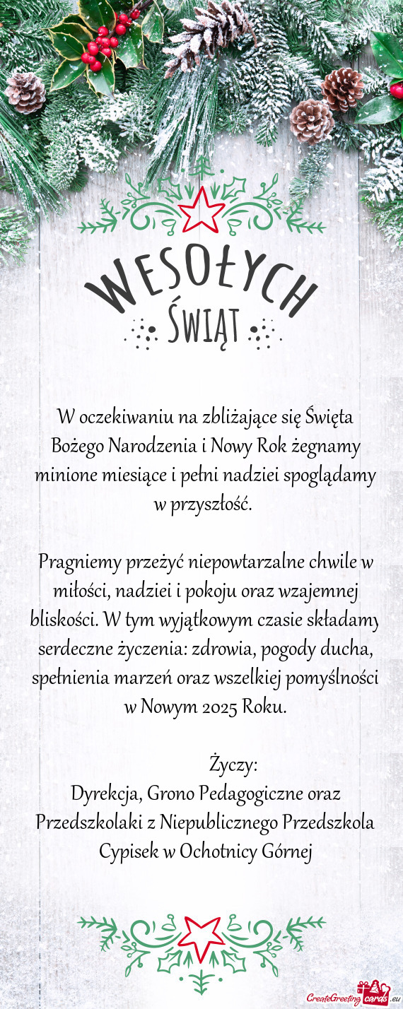 Pragniemy przeżyć niepowtarzalne chwile w miłości, nadziei i pokoju oraz wzajemnej bliskości. W