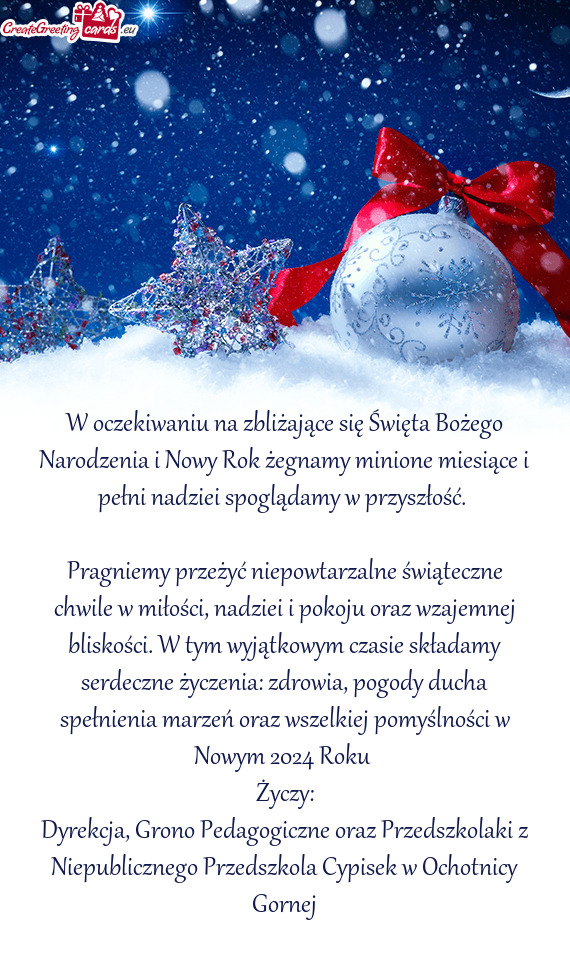 Pragniemy przeżyć niepowtarzalne świąteczne chwile w miłości, nadziei i pokoju oraz wzajemnej