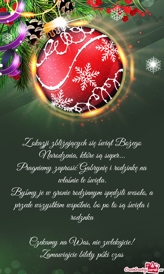 Pragniemy zaprosić Gabrynię i rodzinkę na właśnie te święta