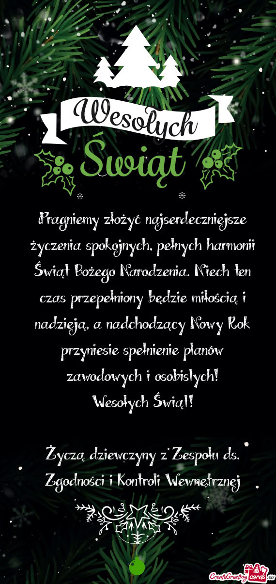 Pragniemy złożyć najserdeczniejsze życzenia spokojnych, pełnych harmonii Świąt Bożego Narodz