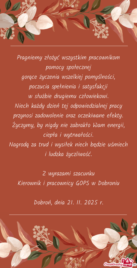 Pragniemy złożyć wszystkim pracownikom pomocy społecznej