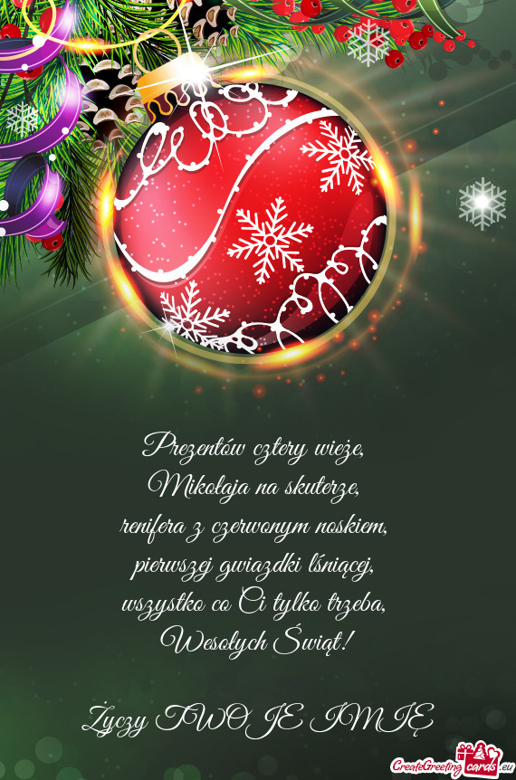 Prezentów cztery wieże,   Mikołaja na skuterze,   renifera z czerwonym