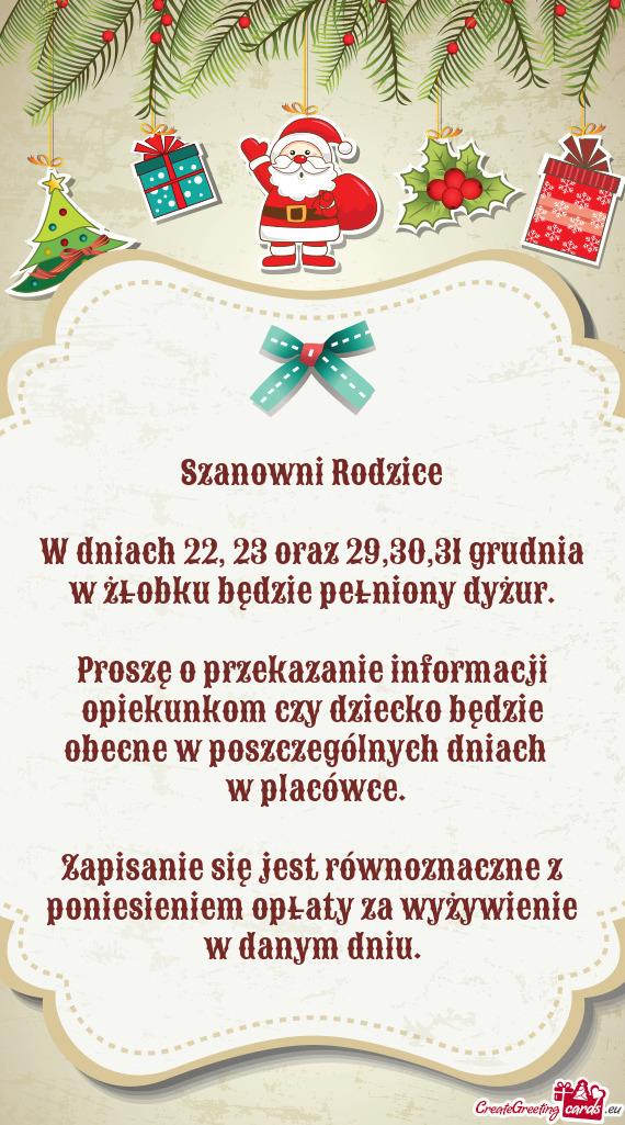 Proszę o przekazanie informacji opiekunkom czy dziecko będzie obecne w poszczególnych dniach