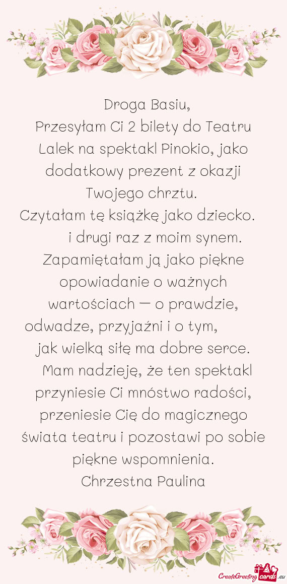 Przesyłam Ci 2 bilety do Teatru Lalek na spektakl Pinokio, jako dodatkowy prezent z okazji Twojego