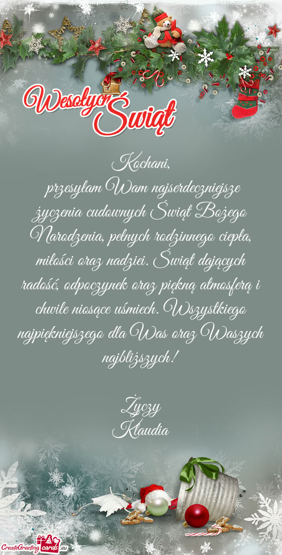 Przesyłam Wam najserdeczniejsze życzenia cudownych Świąt Bożego Narodzenia, pełnych rodzinneg