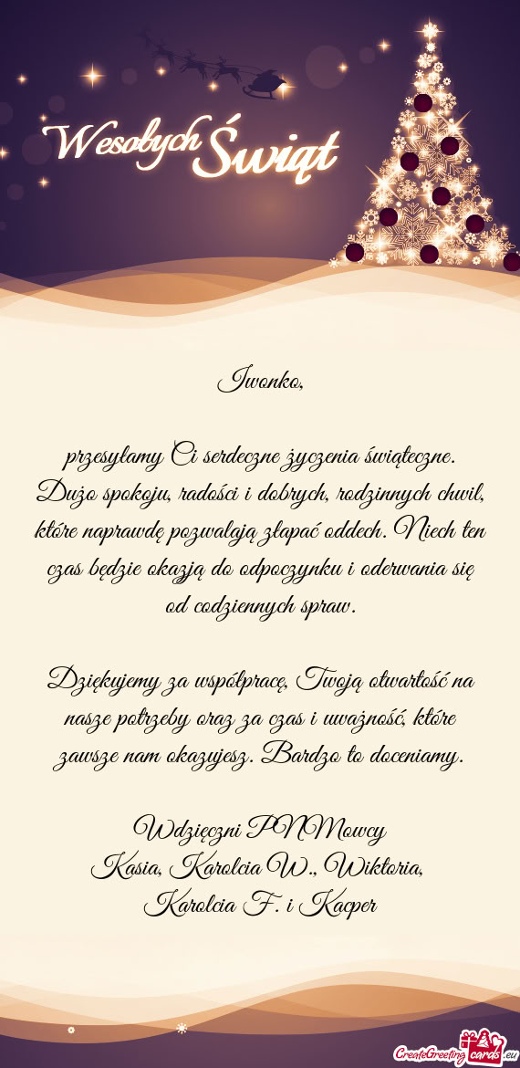 Przesyłamy Ci serdeczne życzenia świąteczne. Dużo spokoju, radości i dobrych, rodzinnych chwil