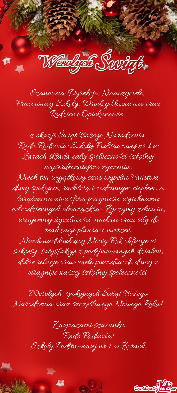 Rada Rodziców Szkoły Podstawowej nr 1 w Żarach składa całej społeczności szkolnej najserdeczn