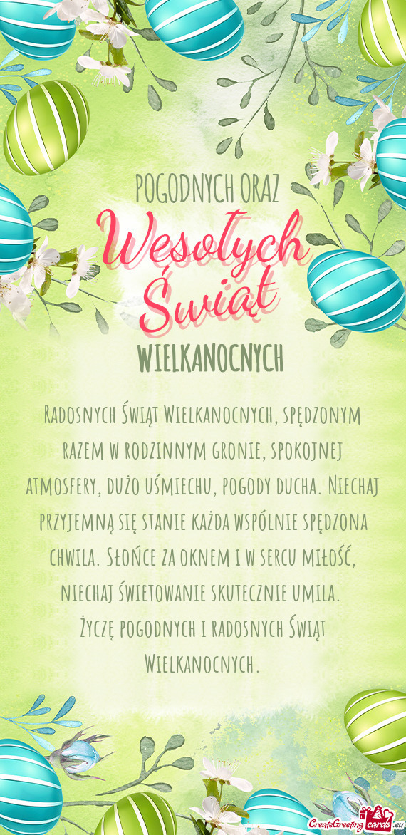 Radosnych Świąt Wielkanocnych, spędzonym razem w rodzinnym gronie, spokojnej atmosfery, dużo uś