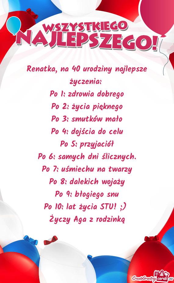 Renatka, na 40 urodziny najlepsze życzenia