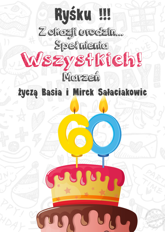 Ryśku !!! Kartka z okazji 60 urodzin, życzą Basia i Mirek Sałaciakowie